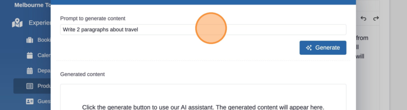 The Generate Content modal lets teams create draft content directly inside Tashi.